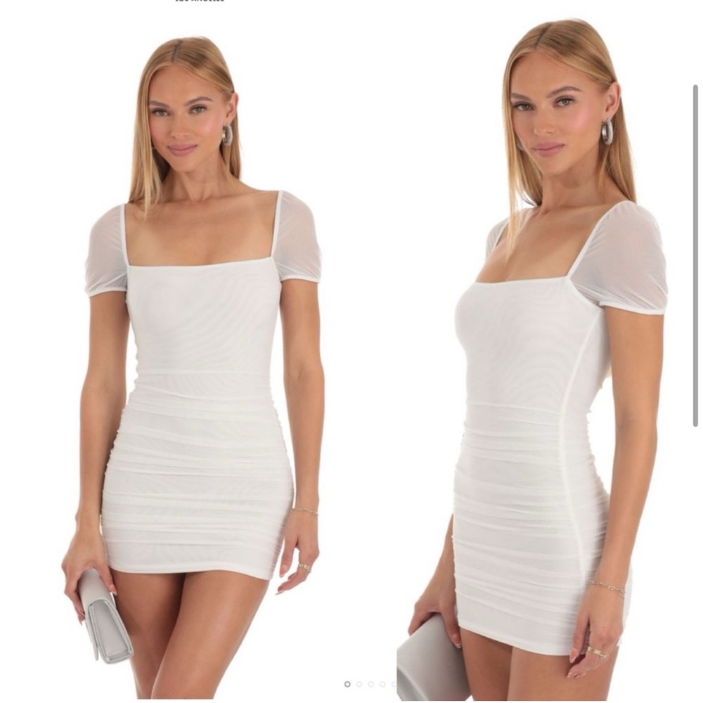 Princess Polly Charvi White Square Neck Puff Sleeve
Ruched Mesh Overlay Dress